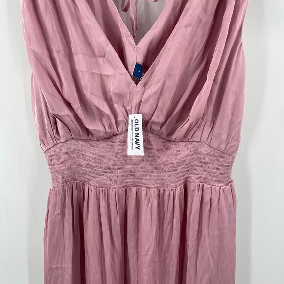 OLD NAVY Dress Large Satin Fit & Flare Sleeveless Smocked Midi Pink V-Neck NWT - Picture 9 of 14